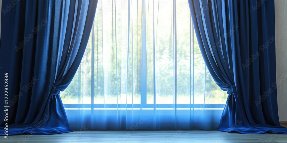 Aufkleber Elegant deep blue curtains framing a sunny window with ample copy space for text showcasing a serene indoor atmosphere.