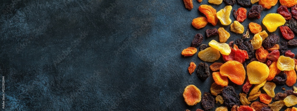Poster dried fruits assortment on dark surface perfect for healthy snacking and cooking with empty space fo