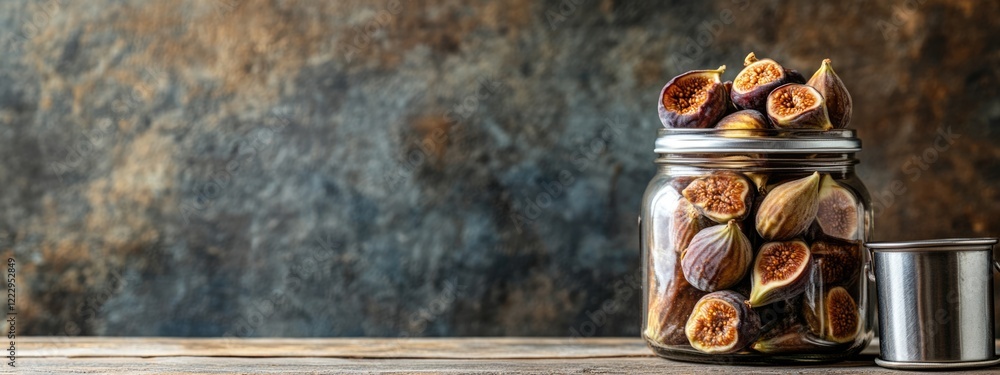 Poster dried figs in glass jar with metal measuring cup on wooden table and empty space for text in a rusti