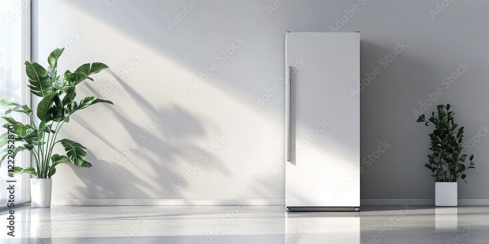 Poster modern frost-free freezer in a minimalist interior showcasing efficient food storage solutions with 