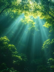 Obraz premium A background of light beams shining through the gaps of a forest canopy.