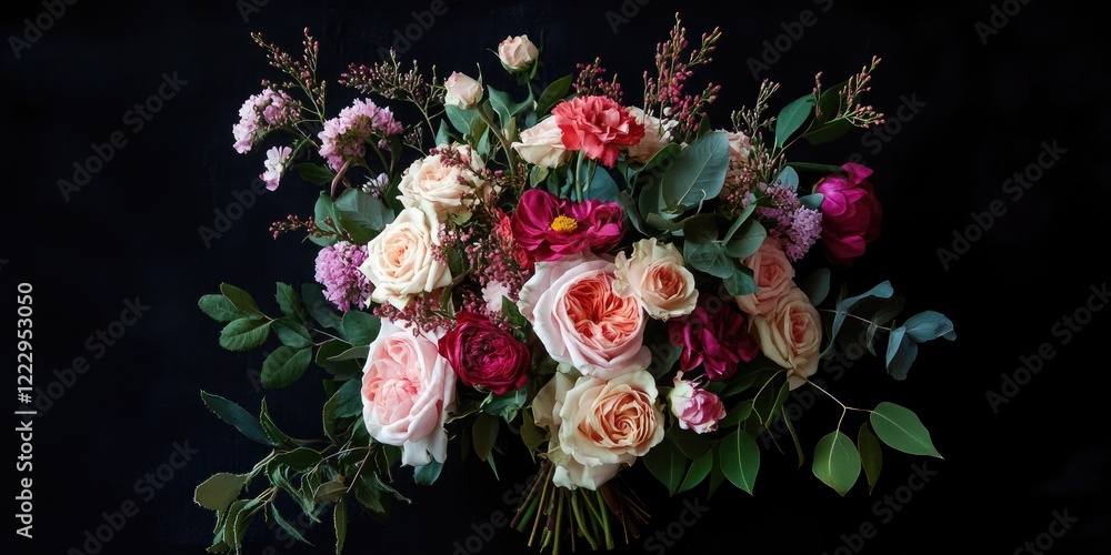 Poster elegant floral bouquet on black background with copy space for text display