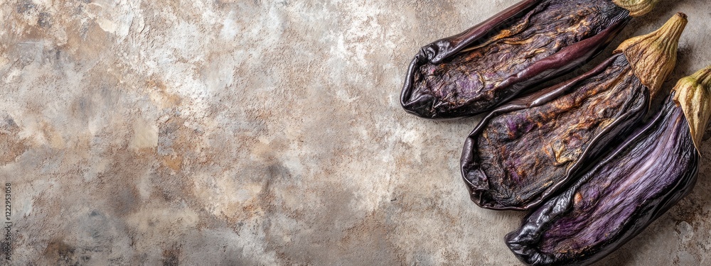 Poster Dried eggplant on rustic surface for winter vegetable preparation with empty space for text and recipes