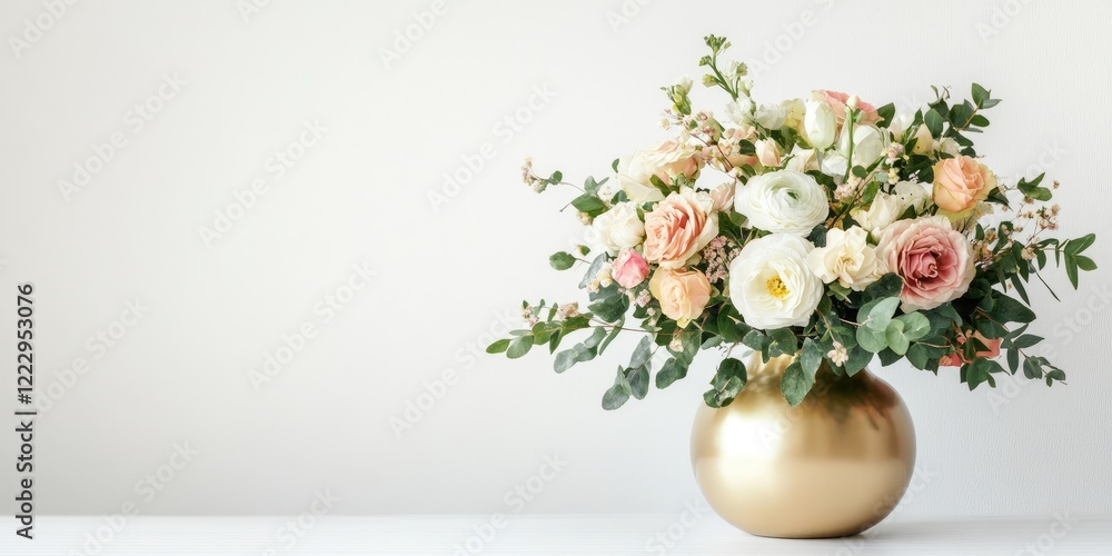 Poster Elegant flower bouquet in gold vase on minimalist white background with ample space for adding custom text or messages.