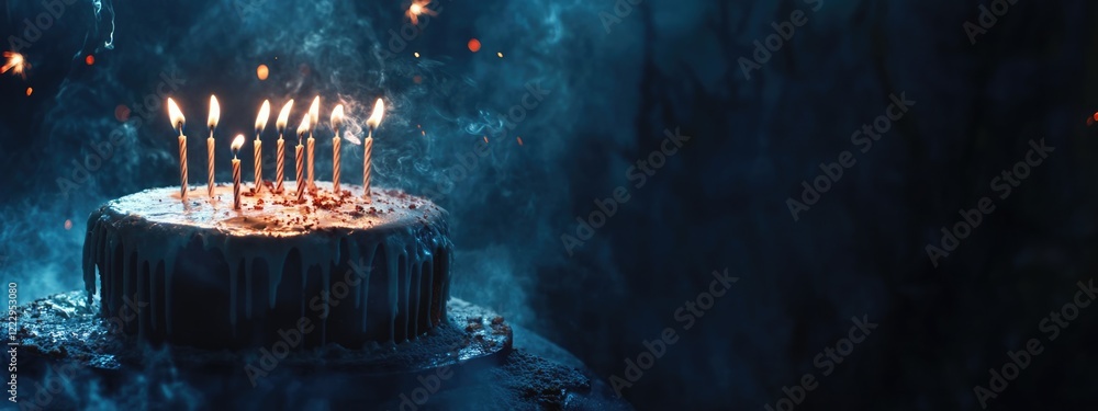 Poster birthday cake with dripping candles and sparklers ideal for celebration themes with empty space for 