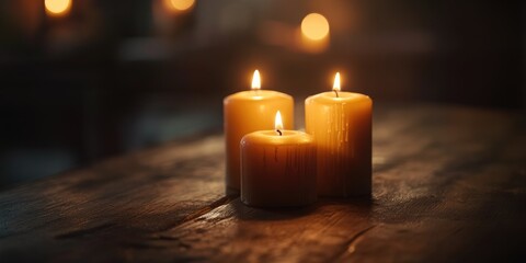 Romantic dining table setting with lit candles creating an intimate atmosphere and ample space for personalized text or invitations