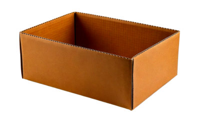 Empty craft paper box, presented as a PNG image, isolated on a transparent white background, versatile for various design projects, packaging mockups, branding, and e-commerce product displays.

