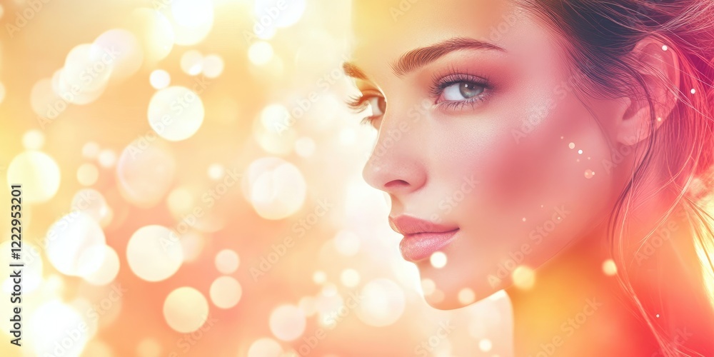 Poster elegant female profile portrait with a dreamy blurred background and soft light bokeh, ideal for tex