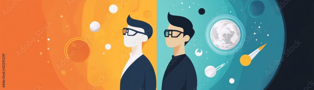 Poster a split image showing a man in glasses, one side bright with planets, the other dark with celestial 