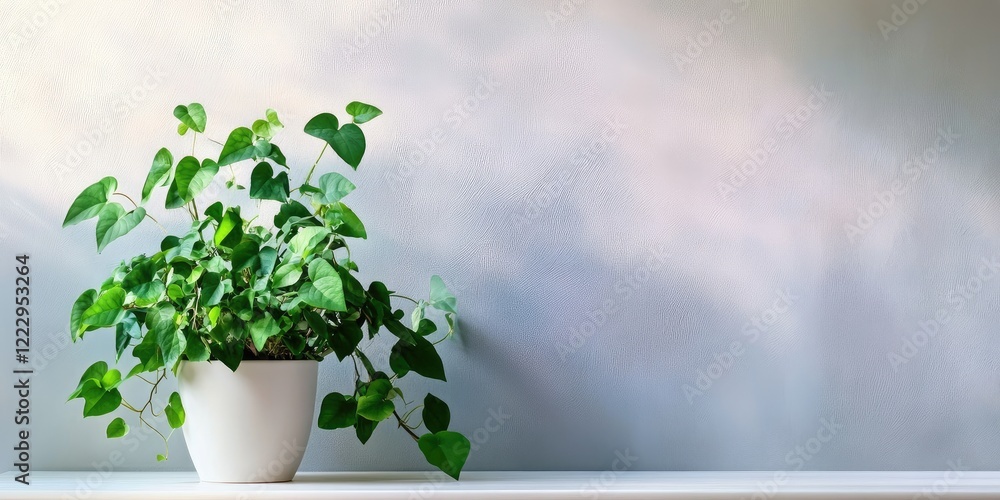Leinwandbilder Elegant green potted plant on table with soft background and empty space for text creating a fresh and serene ambiance for design use