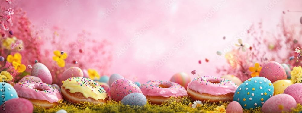 Poster Easter celebration backdrop with colorful glazed donuts and decorative eggs creating an inviting scene for seasonal messaging.