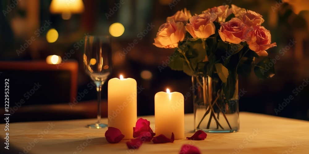 Poster elegant dining table with candles and flowers creating a cozy ambiance and empty space for text for 