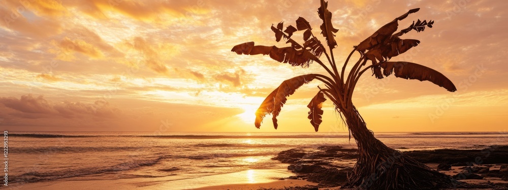 Poster dried tree silhouette with bananas and palm leaves on beach at sunset creating a serene atmosphere w