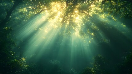 Obraz premium A background of light beams shining through the gaps of a forest canopy.