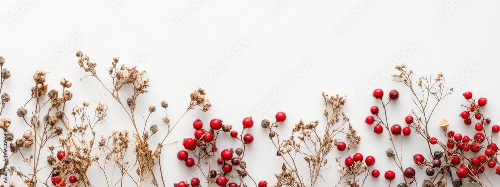 Poster Dried plant berries arranged for a minimalist composition with ample empty space for text or graphic overlay in a bright neutral setting