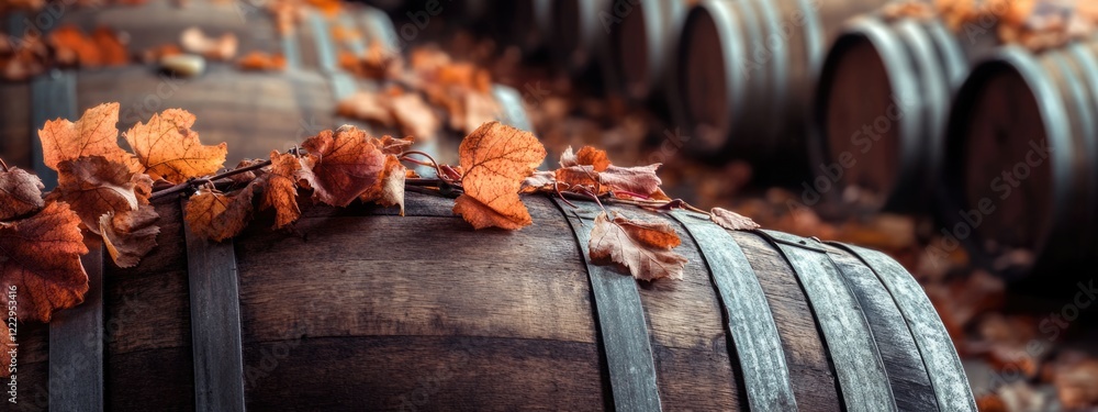Poster Dried vines on wine barrels in a cellar creating a rustic ambiance with ample empty space for text or branding purposes