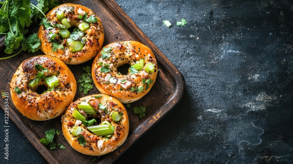 Poster stuffed bagel bread with celery and salted pork filling on rustic background flat lay for carnivore 