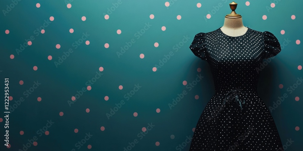 Aufkleber elegant polka dot dress displayed against teal wall with colorful dots and ample empty space for tex