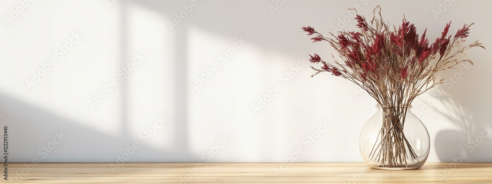 Fototapete dried red grass in glass vase on table with white walls and acacia flooring providing empty space fo