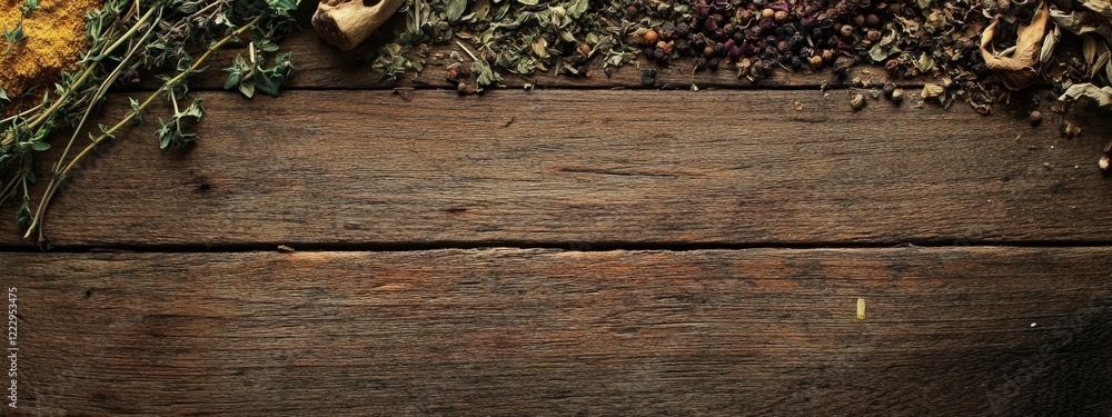 Poster dried herbs and spices on rustic wooden table with vintage aesthetic and ample empty space for text 