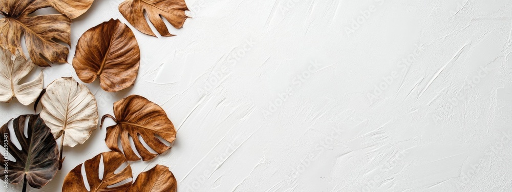Poster Dried Monstera Leaves on White Background Creating a Natural Minimalist Aesthetic with Space for Text and Design Elements