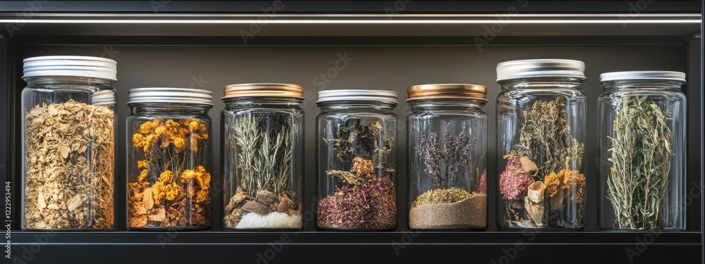 Poster Dried herbs in glass jars arranged in a cabinet with clear space for text highlighting natural ingredients and rustic decor options