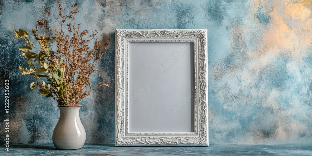 Poster Elegant Empty Silver Picture Frame on Textured Background with Vase of Dried Flowers and Copy Space for Text Display