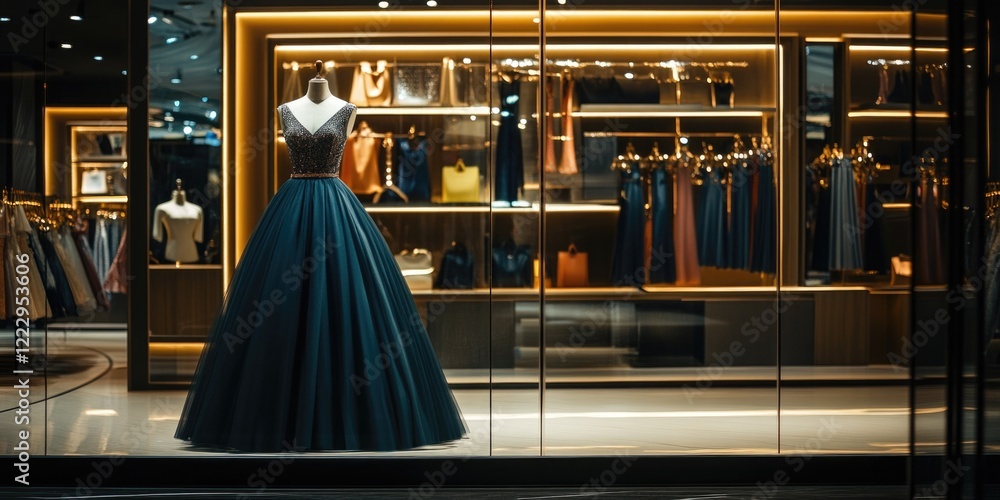 Poster Elegant evening gown displayed in upscale boutique window at night with luxurious lighting and ample copy space for promotional text