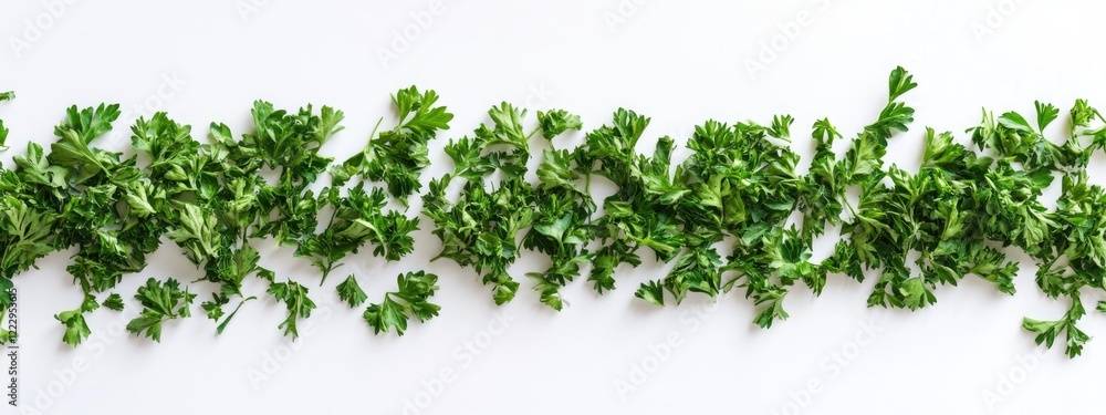 Poster dried parsley leaves arranged on a white background providing empty space for text and creativity in