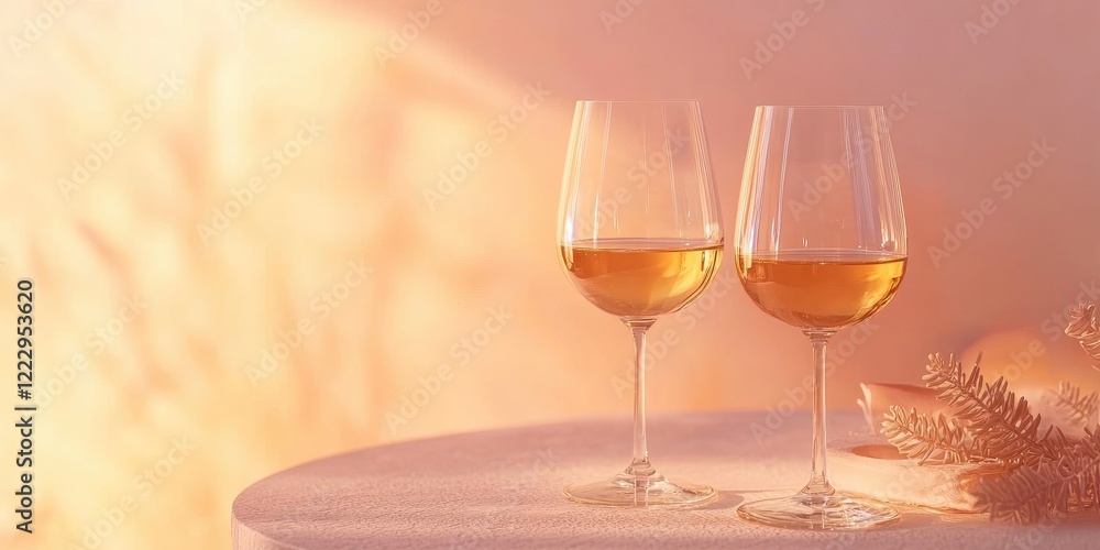 Poster Elegant table setting with wine glasses illuminated by soft light creating a warm atmosphere perfect for celebrations and events.