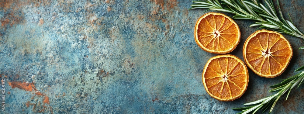 Poster dried orange slices with rosemary on rustic backdrop and blank space for text ideal for culinary or 