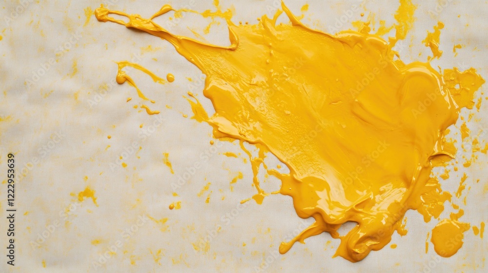 Poster vibrant yellow paint stain on fabric top view artistic abstract background with colorful splatter te