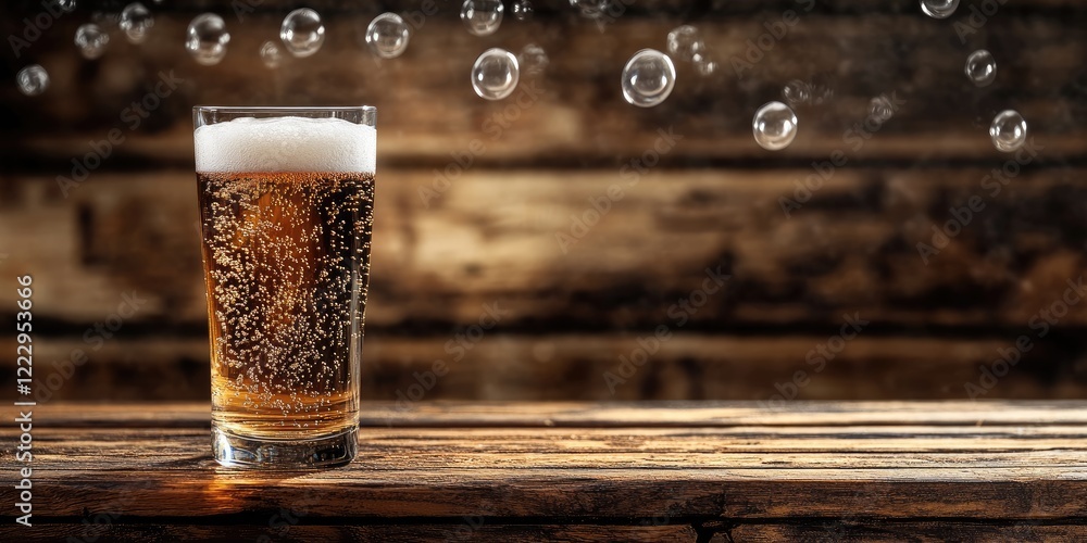 Poster elegant glass of beverage with bubbles on rustic wooden bar background creating ideal space for text