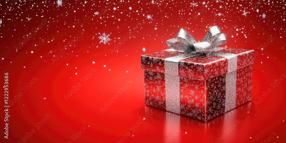 Aufkleber Elegant silver-wrapped gift box on vibrant red background with sparkling snowfall and ample empty space for festive text and designs