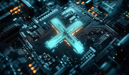 Obraz premium A digital artwork featuring an abstract circuit board design with glowing elements