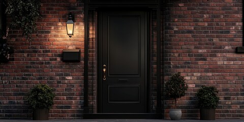Elegant dark door and brick porch of townhouse with soft lighting and space for text or branding ad placement in urban setting