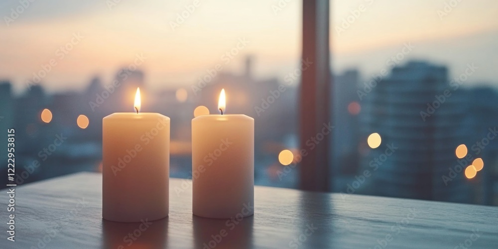 Poster romantic dining setting with lit candles creating a warm ambiance for a special celebration and blan