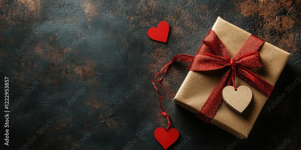 Poster Elegant gift box adorned with red bow and heart tag on rustic background showcasing empty space for personalized message or text
