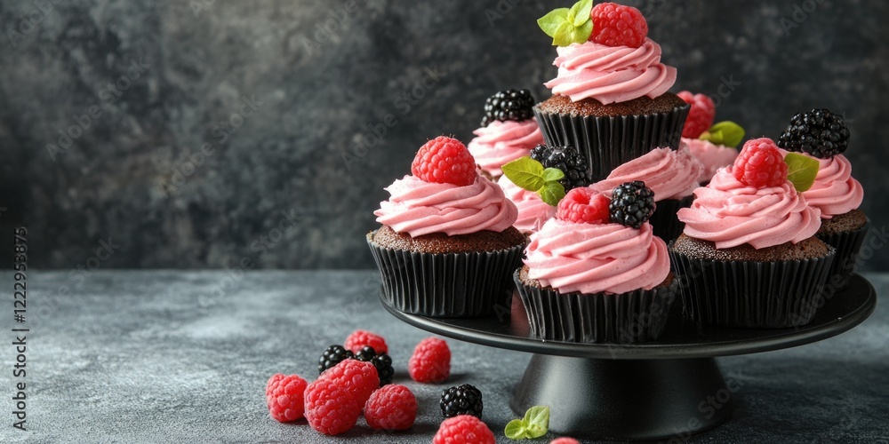 Poster Elegant cupcakes with pink frosting topped with fresh berries on a display stand with space for text or promotional content