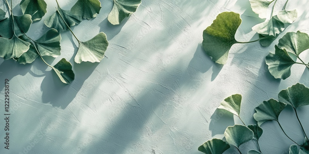 Fototapete Ginkgo Biloba Leaves on Soft Textured Background with Shadows and Copy Space for Creative Design Elements