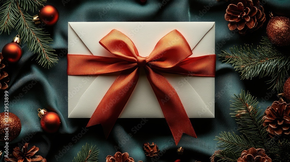 Poster elegant top view of a blank white greeting card with a red ribbon bow surrounded by festive holiday 
