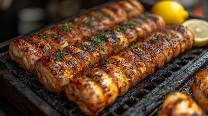 Grilled bacon-wrapped scallops, market stall, lemon garnish, food festival