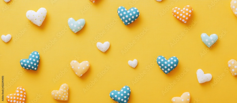 Poster recycled cotton textile with colorful polka dot hearts on yellow background minimalist design with s