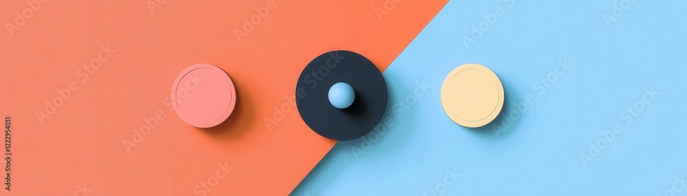 Poster a vibrant arrangement of three circular objects on a two-toned background, showcasing playful colors