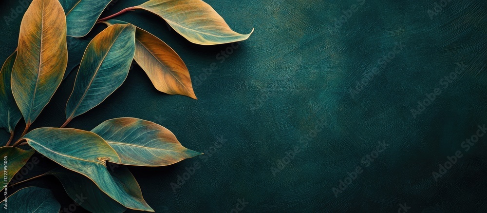 Poster multicolored abstract leaf design with soft outlines on dark green background showcasing foliage and