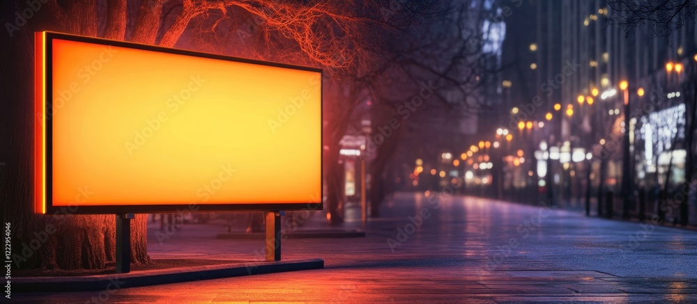 Poster glowing orange neon advertisement board in urban setting featuring empty poster mockup with copy spa