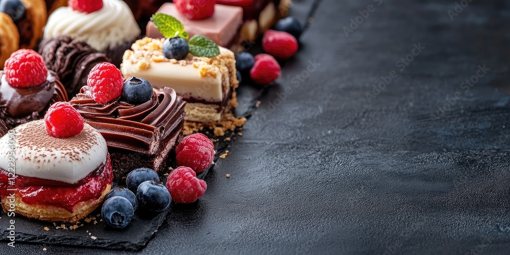 Poster Exquisite French Pastries Assorted on Slate Dark Surface with Fresh Berries and Empty Space for Custom Text