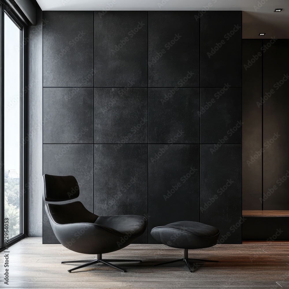 Poster elegant black wall texture backdrop for contemporary room design featuring modern chair and ample co