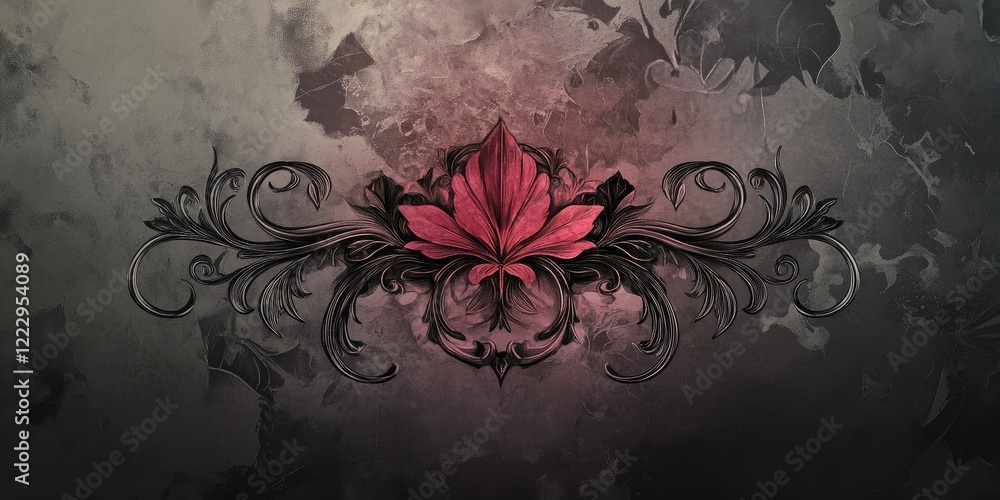 Poster Elegant floral design with intricate dark motifs and a central red leaf, perfect for backgrounds or text overlays in sophisticated contexts.