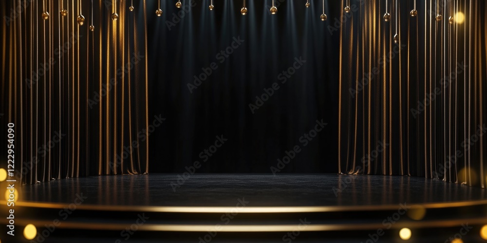 Aufkleber Elegant gala event stage setup mockup with curtains and spotlights featuring empty space for custom invitation text design
